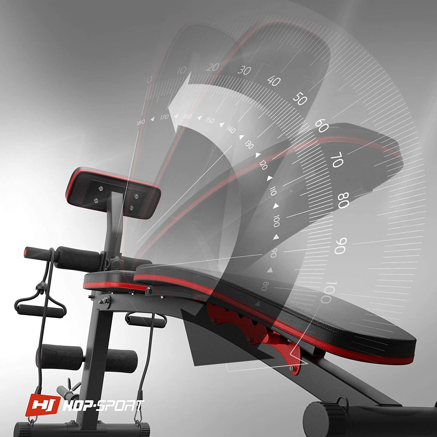 Hop-Sport Hantelbank mit Curlpult, verstellbar in 6 Neigungswinkel, inkl. Beinstrecker & Expander, Multifunktions-Trainingsbank für Zuhause, 220 kg Max. Belastbarkeit