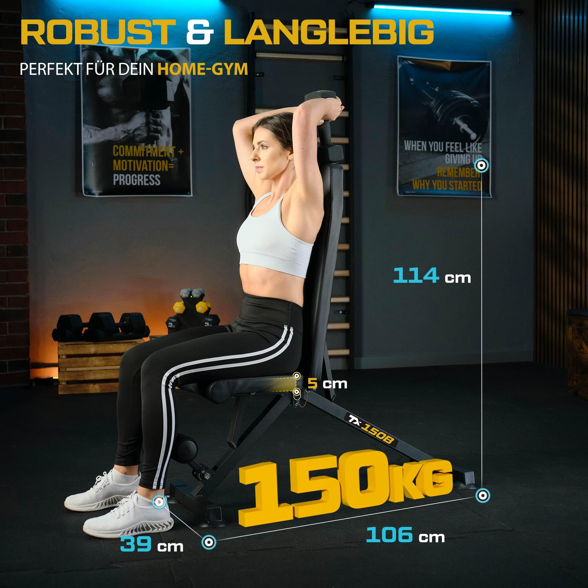 TREX SPORT Hantelbank klappbar TX-150B | Trainingsbank 8-fach verstellbare Rückenlehne, 3-fach verstellbarer Sitzkissen | Flachbank & Schrägbank für Ganzkörper-Workout